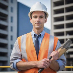 A portrait of a respectable man dressed in engineering attire, holding tools and blueprints, with an industrious background setting.