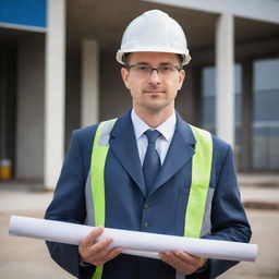 A portrait of a respectable man dressed in engineering attire, holding tools and blueprints, with an industrious background setting.