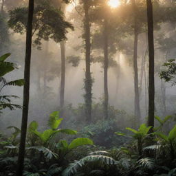 Generate a vivid and exotic image of a tropical rainforest at dawn, with mist rolling over the top layer of trees and the first rays of sun breaking through the foliage.