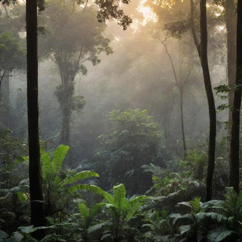 Generate a vivid and exotic image of a tropical rainforest at dawn, with mist rolling over the top layer of trees and the first rays of sun breaking through the foliage.