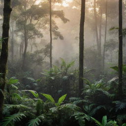 Generate a vivid and exotic image of a tropical rainforest at dawn, with mist rolling over the top layer of trees and the first rays of sun breaking through the foliage.