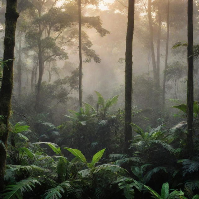 Generate a vivid and exotic image of a tropical rainforest at dawn, with mist rolling over the top layer of trees and the first rays of sun breaking through the foliage.