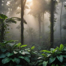 Generate a vivid and exotic image of a tropical rainforest at dawn, with mist rolling over the top layer of trees and the first rays of sun breaking through the foliage.