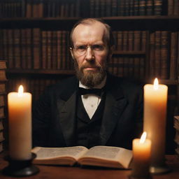 A strikingly realistic portrait of Fyodor Dostoevsky, showcasing his profound gaze, with the soft glow of a candle reflecting in his glasses. Background contains many stacks of classic literature books.