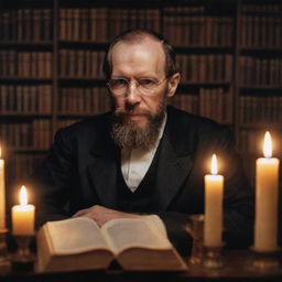 A strikingly realistic portrait of Fyodor Dostoevsky, showcasing his profound gaze, with the soft glow of a candle reflecting in his glasses. Background contains many stacks of classic literature books.