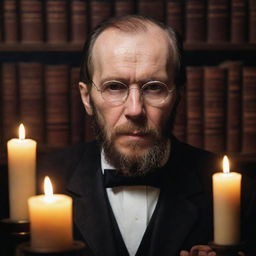 A strikingly realistic portrait of Fyodor Dostoevsky, showcasing his profound gaze, with the soft glow of a candle reflecting in his glasses. Background contains many stacks of classic literature books.