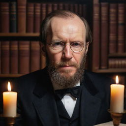 A strikingly realistic portrait of Fyodor Dostoevsky, showcasing his profound gaze, with the soft glow of a candle reflecting in his glasses. Background contains many stacks of classic literature books.