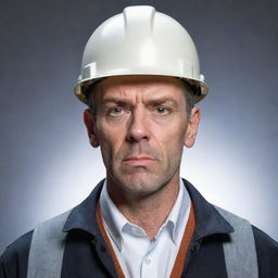 Create a picture of a man in engineer's outfit, looking grim and displeased.