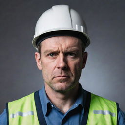 Create a picture of a man in engineer's outfit, looking grim and displeased.