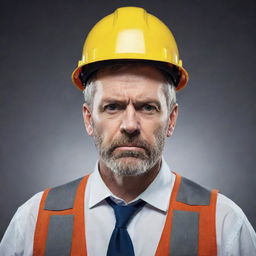 Create a picture of a man in engineer's outfit, looking grim and displeased.