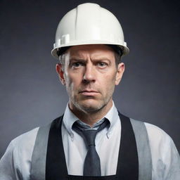 Create a picture of a man in engineer's outfit, looking grim and displeased.