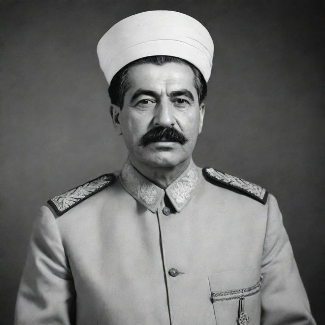 Generate a high-quality, black and white, full-body image of Joseph Stalin as a mullah in a pose of duaa (Islamic prayer), reflecting piety and commitment.