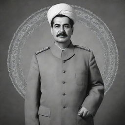 Generate a high-quality, black and white, full-body image of Joseph Stalin as a mullah in a pose of duaa (Islamic prayer), reflecting piety and commitment.