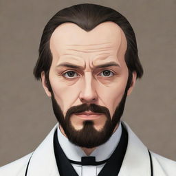 Create an anime rendition of Fyodor Dostoevsky, featuring distinct anime style eyes, and his iconic attire and facial hair.