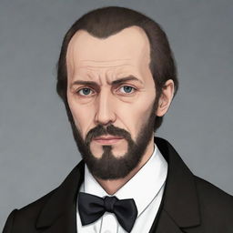 Create an anime rendition of Fyodor Dostoevsky, featuring distinct anime style eyes, and his iconic attire and facial hair.