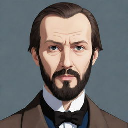 Create an anime rendition of Fyodor Dostoevsky, featuring distinct anime style eyes, and his iconic attire and facial hair.