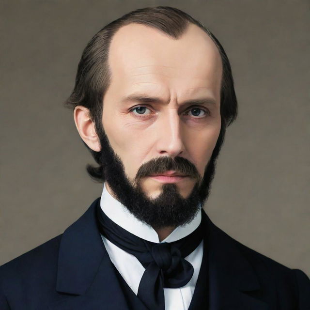 Create an anime rendition of Fyodor Dostoevsky, featuring distinct anime style eyes, and his iconic attire and facial hair.