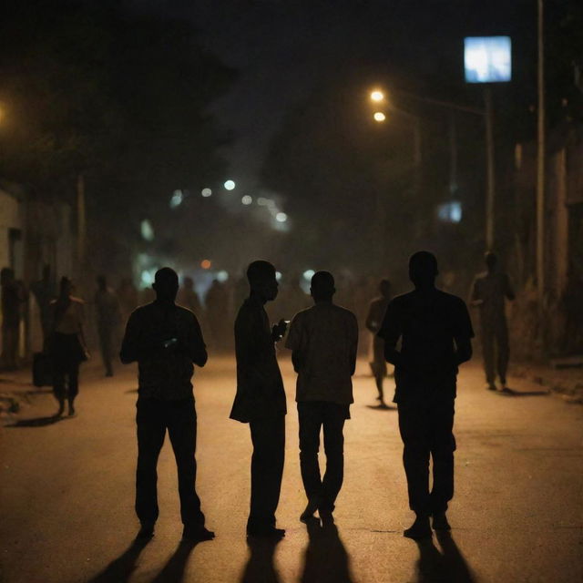 People using their cellphones for light on a dark, power-outage hit street in Bamako, 2022, with the glowing screens casting soft light on their faces.