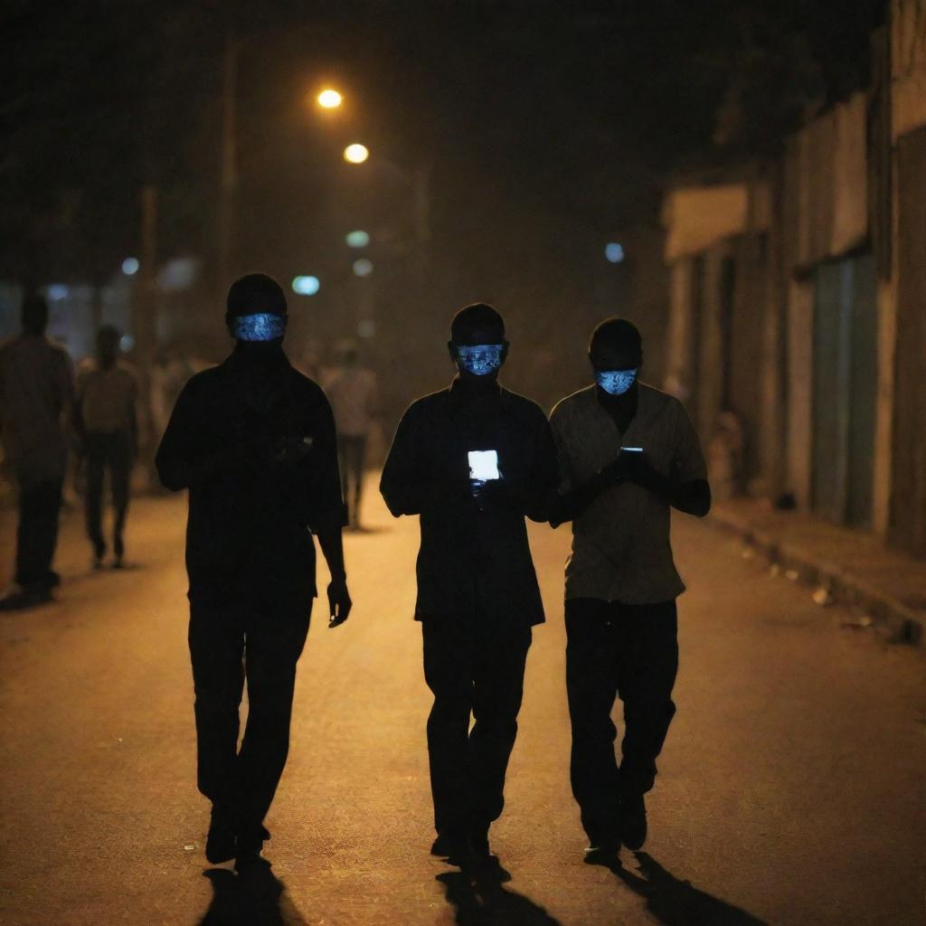 People using their cellphones for light on a dark, power-outage hit street in Bamako, 2022, with the glowing screens casting soft light on their faces.