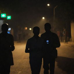 People using their cellphones for light on a dark, power-outage hit street in Bamako, 2022, with the glowing screens casting soft light on their faces.