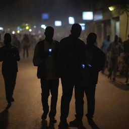 People using their cellphones for light on a dark, power-outage hit street in Bamako, 2022, with the glowing screens casting soft light on their faces.