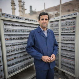 A diligent electric engineer in Iran, immersed in his work amongst electrical schematics, complex machinery and striking cityscape of Tehran in the backdrop.