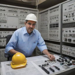 A diligent electric engineer in Iran, immersed in his work amongst electrical schematics, complex machinery and striking cityscape of Tehran in the backdrop.