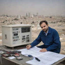 A diligent electric engineer in Iran, immersed in his work amongst electrical schematics, complex machinery and striking cityscape of Tehran in the backdrop.