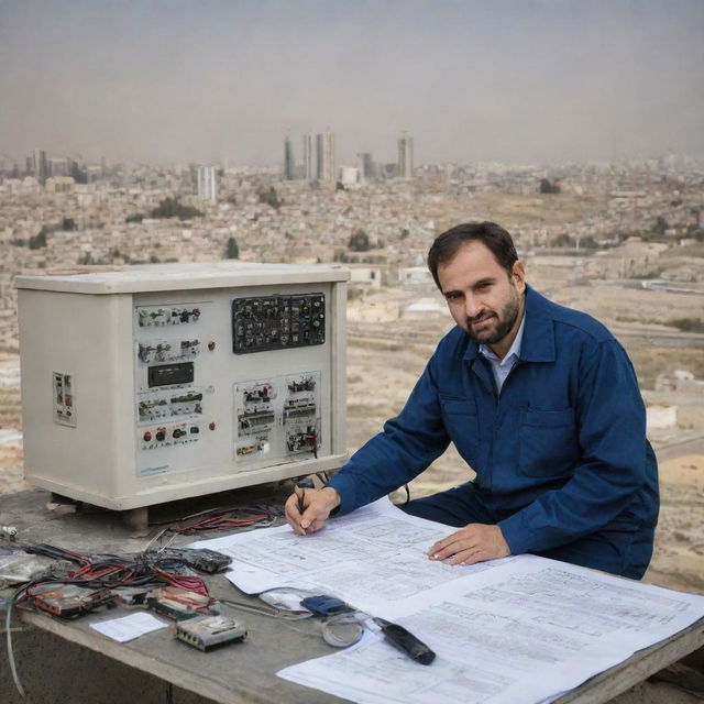 A diligent electric engineer in Iran, immersed in his work amongst electrical schematics, complex machinery and striking cityscape of Tehran in the backdrop.