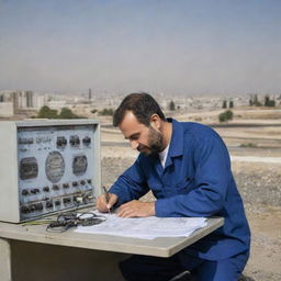 A diligent electric engineer in Iran, immersed in his work amongst electrical schematics, complex machinery and striking cityscape of Tehran in the backdrop.