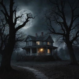 A night scene characterized by horror elements such as a full moon obscured by ominous clouds, haunted houses, creepy trees, and shadows of strange creatures lurking.