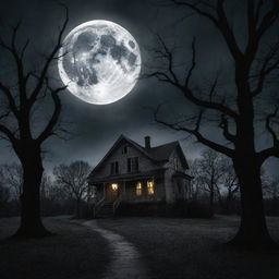 A night scene characterized by horror elements such as a full moon obscured by ominous clouds, haunted houses, creepy trees, and shadows of strange creatures lurking.