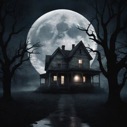 A night scene characterized by horror elements such as a full moon obscured by ominous clouds, haunted houses, creepy trees, and shadows of strange creatures lurking.