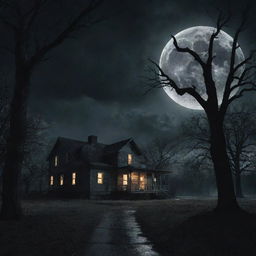 A night scene characterized by horror elements such as a full moon obscured by ominous clouds, haunted houses, creepy trees, and shadows of strange creatures lurking.