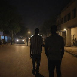 People relying solely on their cellphones for illumination on an entirely dark street in Bamako, 2022, due to a power outage.