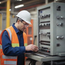 Engineer engaged in technical work in a professional setting of Mapna Company. The picture should show the industrial atmosphere with modern machinery or equipment.