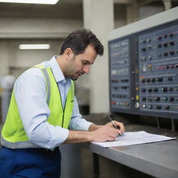 Engineer engaged in technical work in a professional setting of Mapna Company. The picture should show the industrial atmosphere with modern machinery or equipment.