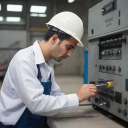 Engineer engaged in technical work in a professional setting of Mapna Company. The picture should show the industrial atmosphere with modern machinery or equipment.