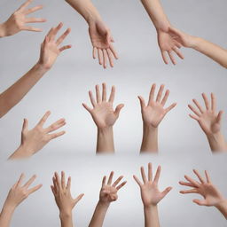 Generate an image featuring various human hands in various positions and movements, expressing various emotions.