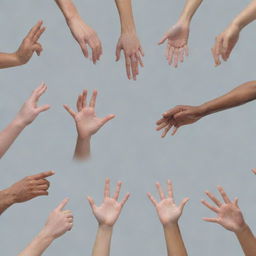 Generate an image featuring various human hands in various positions and movements, expressing various emotions.