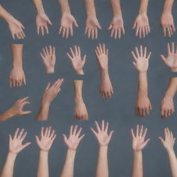 Generate an image featuring various human hands in various positions and movements, expressing various emotions.