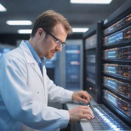 An electrical protection engineer at work in a high-tech lab filled with complex machinery, wires, safety gear, blueprints, and bright, dynamic lighting effects.