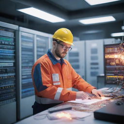 An electrical protection engineer at work in a high-tech lab filled with complex machinery, wires, safety gear, blueprints, and bright, dynamic lighting effects.