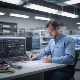 An electrical protection engineer at work in a high-tech lab filled with complex machinery, wires, safety gear, blueprints, and bright, dynamic lighting effects.