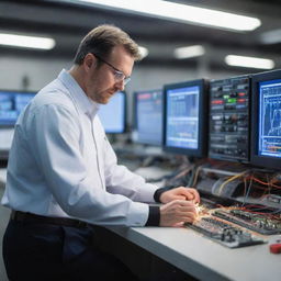 An electrical protection engineer at work in a high-tech lab filled with complex machinery, wires, safety gear, blueprints, and bright, dynamic lighting effects.