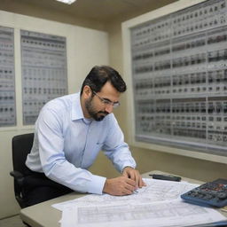 An Iranian electrical protection engineer in a work environment, observing complex circuit designs and systems. He should look professional, equipped with safety gear, and surrounded by engineering equipment.