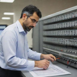 An Iranian electrical protection engineer in a work environment, observing complex circuit designs and systems. He should look professional, equipped with safety gear, and surrounded by engineering equipment.