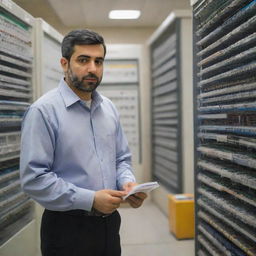 An Iranian electrical protection engineer in a work environment, observing complex circuit designs and systems. He should look professional, equipped with safety gear, and surrounded by engineering equipment.