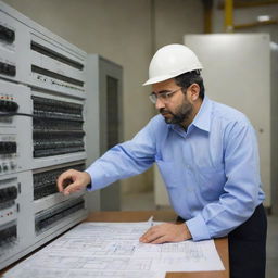 An Iranian electrical protection engineer in a work environment, observing complex circuit designs and systems. He should look professional, equipped with safety gear, and surrounded by engineering equipment.