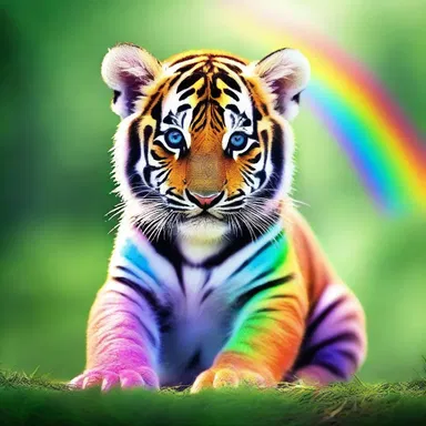 In the magical realm, there existed a rare tiger cub with shimmering rainbow stripes.